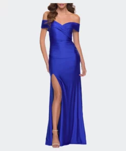 La Femme Off The Shoulder Chic Jersey Gown With Ruching