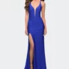La Femme Jersey Gown With Rhinestones And Deep V Neckline