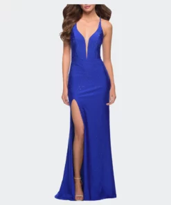 La Femme Jersey Gown With Rhinestones And Deep V Neckline