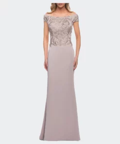 La Femme Chic Satin Gown With Lace Off The Shoulder Top
