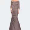 La Femme Satin Mermaid Gown With Off The Shoulder Lace Bodice