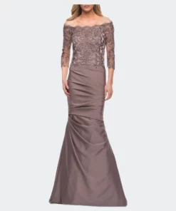 La Femme Satin Mermaid Gown With Off The Shoulder Lace Bodice