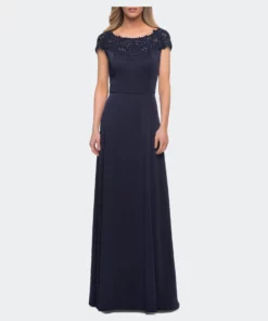 La Femme Jersey Gown With Full Skirt And Lace Detail Top