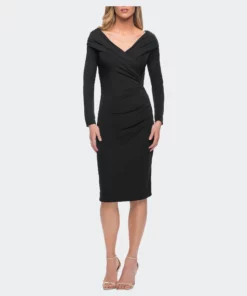 La Femme Ong Sleeve Below The Knee Dress With V Neckline