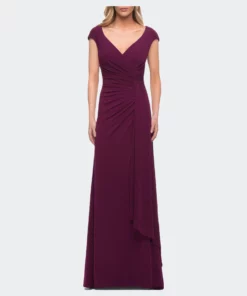 La Femme Jersey Dress With Knot At Waist And Short Sleeves