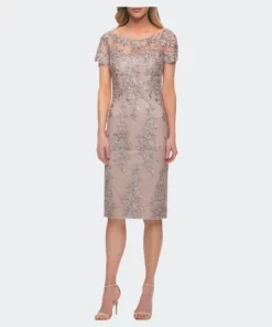 La Femme Short Sleeve Below The Knee Lace Dress