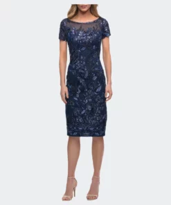 La Femme Short Beaded Lace Dress With Illusion Top And Sleeves