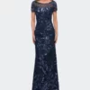 La Femme Ong Beaded Lace Dress With Sheer Neckline