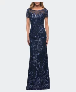 La Femme Ong Beaded Lace Dress With Sheer Neckline