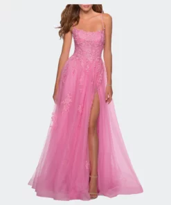 La Femme A-line Tulle Gown With Floral Embroidery And Pockets