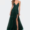 La Femme Tulle Prom Dress With Floral Detail And Side Slit