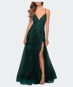 La Femme Tulle Prom Dress With Floral Detail And Side Slit