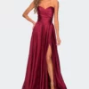La Femme Strapless Satin Gown With Pleated Bodice And Slit