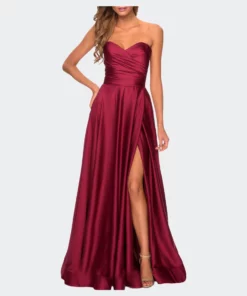 La Femme Strapless Satin Gown With Pleated Bodice And Slit