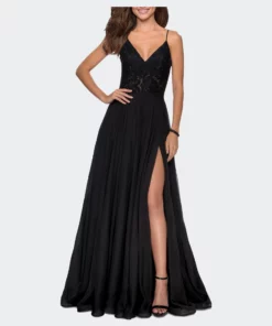 La Femme Chiffon Prom Dress With Sheer Floral Lace Bodice