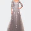 La Femme Elegant A-Line Gown With Lace Applique And V Neck