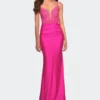 La Femme Neon Prom Dress With Beautiful Lace Bodice And Jersey Skirt