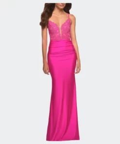La Femme Neon Prom Dress With Beautiful Lace Bodice And Jersey Skirt