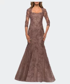 La Femme Ong Lace Mermaid Gown With Square Neckline