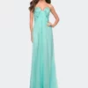 La Femme Strapless Chiffon Prom Gown With Criss Cross Back
