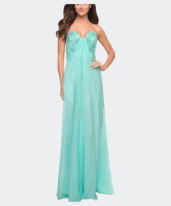 La Femme Strapless Chiffon Prom Gown With Criss Cross Back