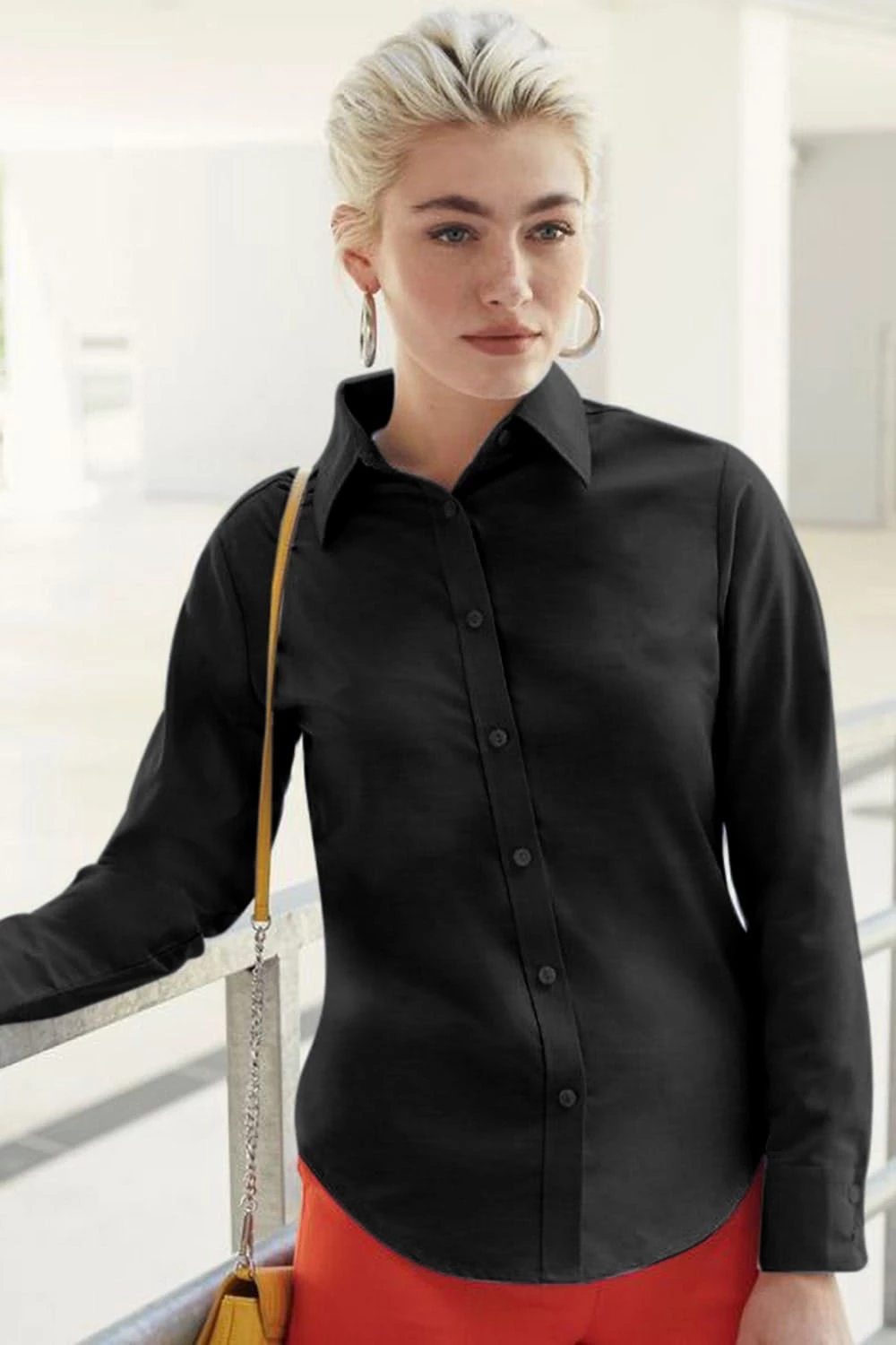 Of The Loom Fruit Of The Loom Ladies Lady-Fit Long Sleeve Oxford Shirt (Black) - Image 3