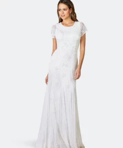 Lara 51068- Cap Sleeve Floral Beaded Gown