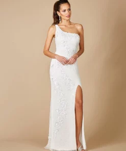 Lara 51081- One Shoulder Floral Beaded Gown