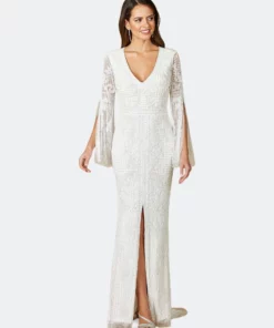 Lara 51085- Long Sleeve Beaded Gown With Slit