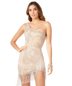 Lara 29291 - One Shoulder Cocktail Dress With Fringes