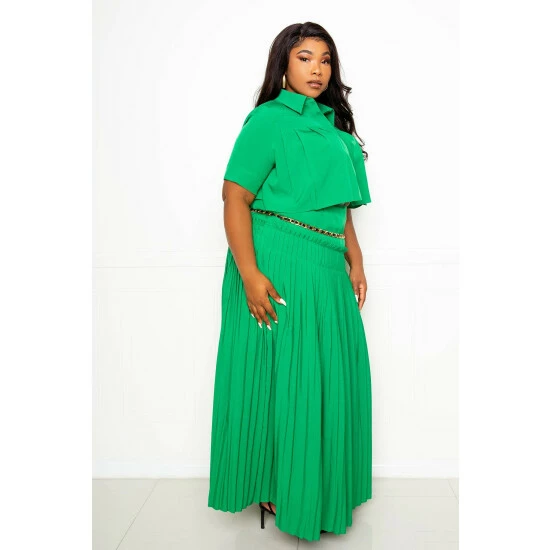 Buxom Couture Pleated Cropped Top And Skirt Set Skirts Green - Image 4
