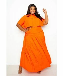 Buxom Couture Pleated Cropped Top And Skirt Set Skirts Orange