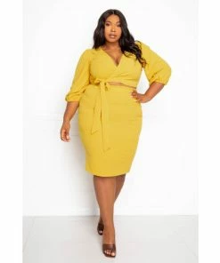 Buxom Couture Everyday Cropped Top And Skirt Set Skirts Mustard Yellow