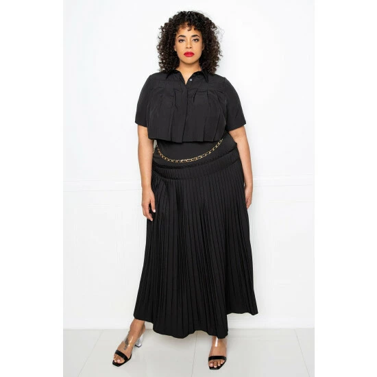 Buxom Couture Pleated Cropped Top And Skirt Set Skirts Black
