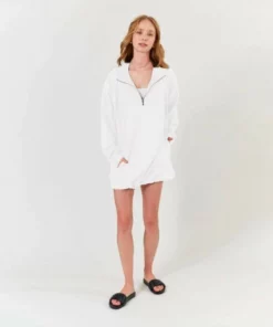 Lezat Abby Windbreaker Hoodie Dress - White Dresses
