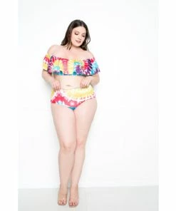 Buxom Couture Tie-Dye Ruffle Bikini Set Swimwear Pink Tie-dye