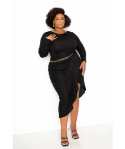 Buxom Couture Asymmetrical Cascade Ruffle Knit Dress Dresses Black