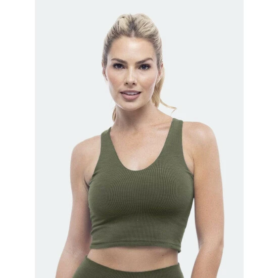Lezat Rib V-Neck Cropped Tank - Heather Forest Green Tops